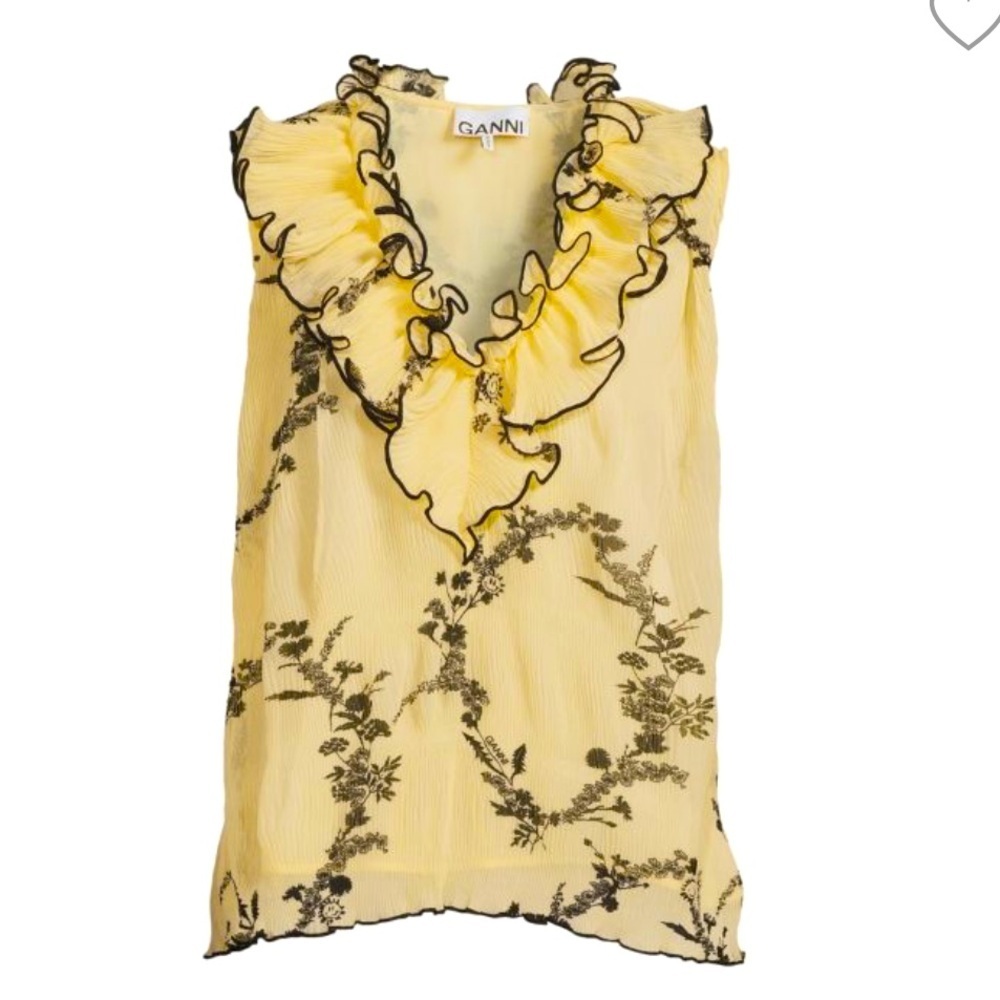 GANNI Pleated Georgette Yellow Ruffle Neck Blouse Sleeveless Sz EU 38 US L NWT